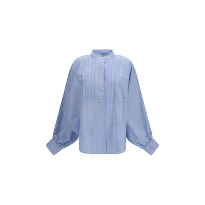 Shirt by SOSUE for women in cotton blue, brown & patterned showcases a sublime silhouette, artfully detailed with a sublime and for a sophisticated, sublime finish.