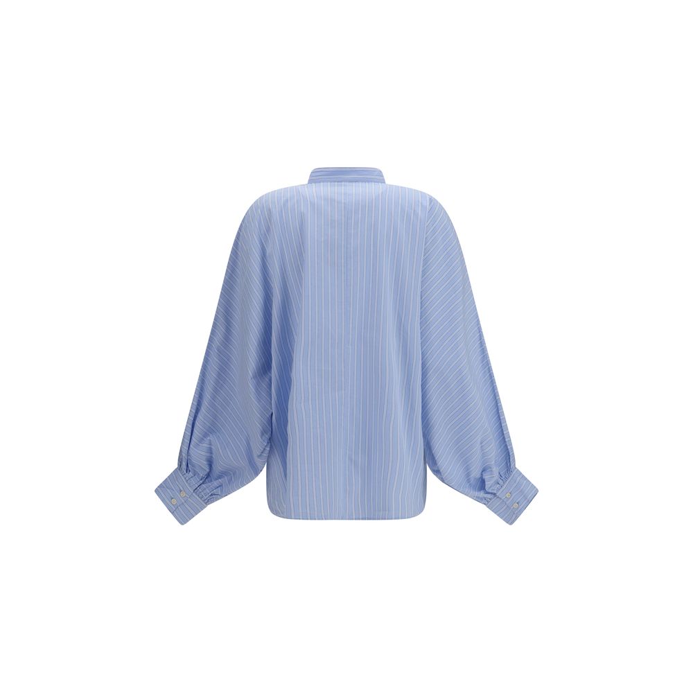 Shirt by SOSUE for women in cotton blue, brown & patterned showcases a sharp silhouette, elegantly detailed with a sharp and sharp .