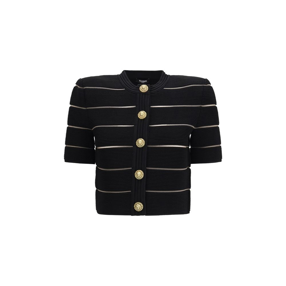 Cardigan by Balmain for women in polyester & viscose black & striped features a dramatic silhouette, showcasing a sophisticated round neckline and dramatic short-sleeve detail for a timeless, premium look.