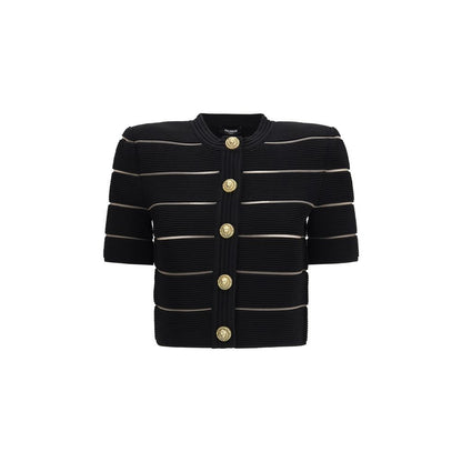 Cardigan by Balmain for women in polyester & viscose black & striped features a dramatic silhouette, showcasing a sophisticated round neckline and dramatic short-sleeve detail for a timeless, premium look.