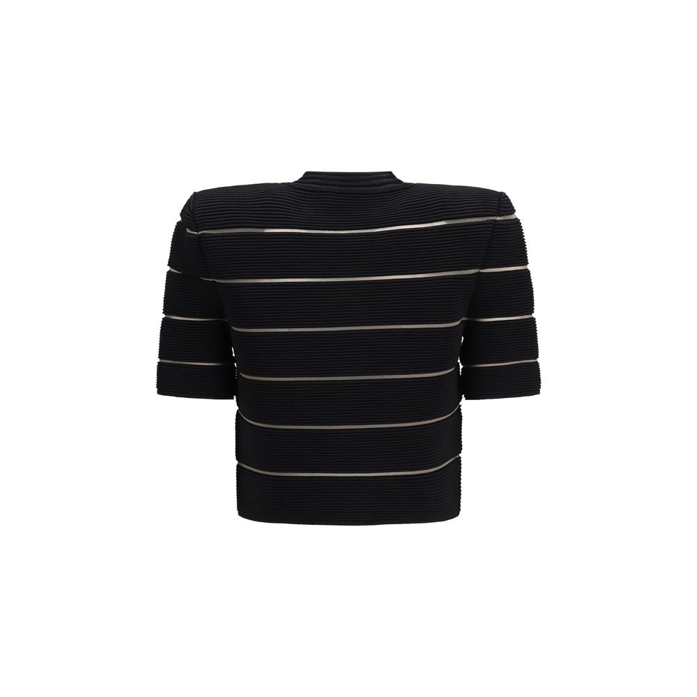 Cardigan by Balmain for women in polyester & viscose black & striped showcases a luxurious silhouette, meticulously detailed with a sophisticated round neckline and for a refined finish.