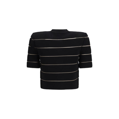 Cardigan by Balmain for women in polyester & viscose black & striped showcases a luxurious silhouette, meticulously detailed with a sophisticated round neckline and for a refined finish.