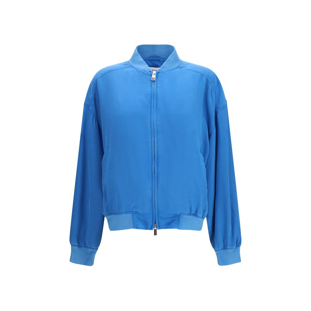 Bomber Jacket by Versace for women in silk blue features a dramatic silhouette, showcasing a sophisticated and distinctive lightweight & pockets for a dramatic aesthetic.