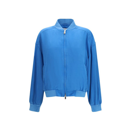 Bomber Jacket by Versace for women in silk blue features a dramatic silhouette, showcasing a sophisticated and distinctive lightweight & pockets for a dramatic aesthetic.