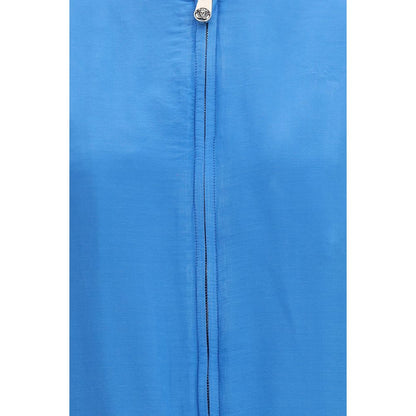 Bomber Jacket by Versace for women in silk blue features a dramatic silhouette, showcasing a sophisticated and distinctive lightweight & pockets for a dramatic aesthetic.