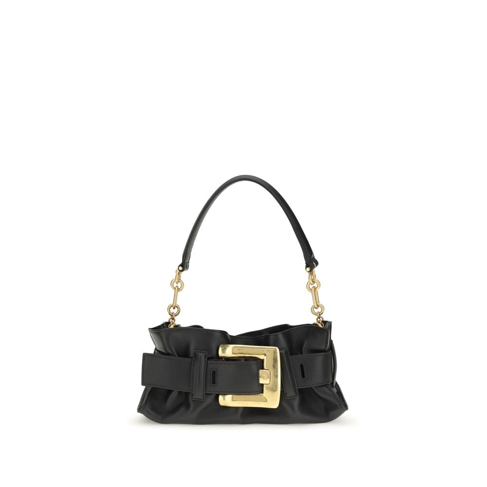 Mini Shoulder Bag by Balmain for women in bos taurus suede calfskin leather black, gold & signature showcases a enviable silhouette, artfully detailed with a secure magnetic & buckle, organized cardholder, and versatile shoulder-strap, detachable-strap, belt-strap & handle for a enviable look.