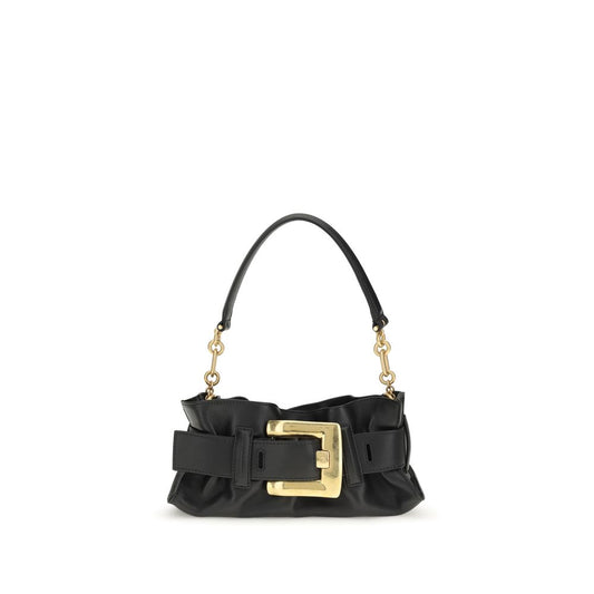 Mini Shoulder Bag by Balmain for women in bos taurus suede calfskin leather black, gold & signature showcases a enviable silhouette, artfully detailed with a secure magnetic & buckle, organized cardholder, and versatile shoulder-strap, detachable-strap, belt-strap & handle for a enviable look.