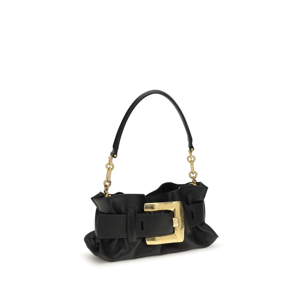 Mini Shoulder Bag by Balmain for women in bos taurus suede calfskin leather black, gold & signature features a enviable silhouette, showcasing a secure magnetic & buckle, ample cardholder, and enviable shoulder-strap, detachable-strap, belt-strap & handle for a enviable finish.