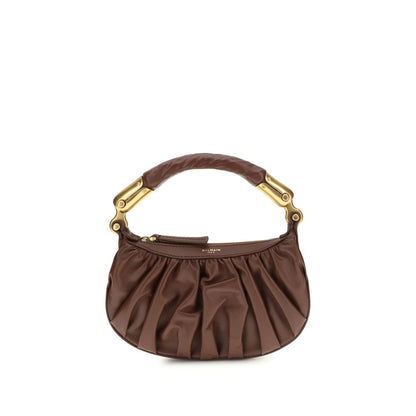 Mini Shoulder Bag by Balmain for women in bos taurus suede calfskin leather brown, ebony & gold features a effortless chic silhouette with a secure zipper, ample , and versatile shoulder-strap & handle for a effortless chic finish.