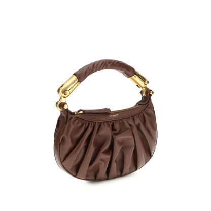 Mini Shoulder Bag by Balmain for women in bos taurus suede calfskin leather brown, ebony & gold features a distinguished silhouette, showcasing a secure zipper and distinguished with versatile shoulder-strap & handle for a distinguished finish.