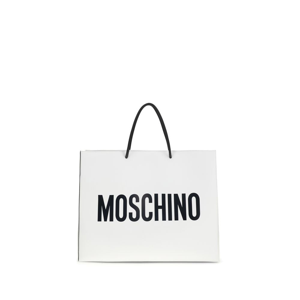 Travel Shoulder Shopper Handbag by Moschino for women in bos taurus calf leather white & print features an refined silhouette, showcasing a secure snap, ample , and versatile shoulder-strap & handle for a sophisticated refined aesthetic.