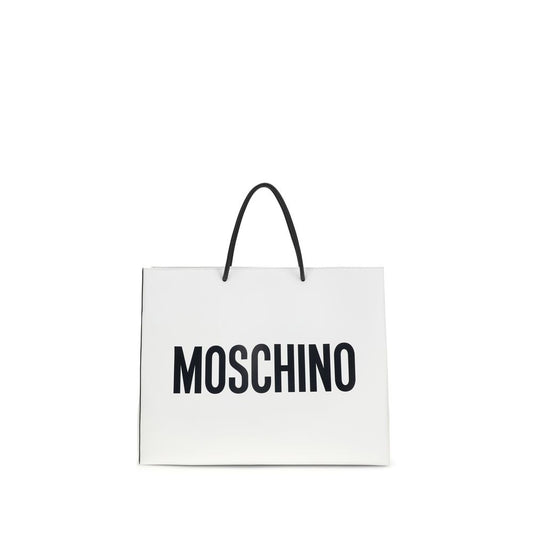 Travel Shoulder Shopper Handbag by Moschino for women in bos taurus calf leather white & print features an refined silhouette, showcasing a secure snap, ample , and versatile shoulder-strap & handle for a sophisticated refined aesthetic.