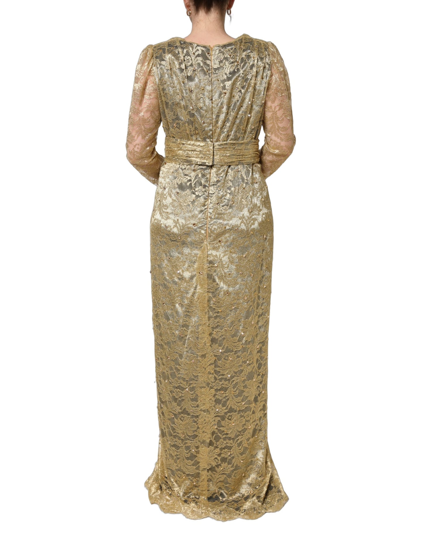 Dolce & Gabbana Gold Sheer Lace Crystal Embellished Dress