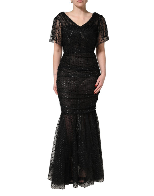 Dolce & Gabbana 501 Women's Gown Mermaid Wrap Cocktail Short-Sleeve Cotton Nylon Polyester & Sequins Mini Long Dress - Black Signature