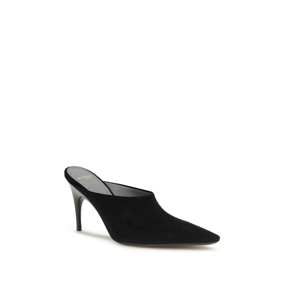 High-Heel Mules Pumps Heels by Balenciaga for women in bos taurus calf suede leather black features an captivating silhouette, showcasing the elegant Women's Bos Taurus Calf Suede Leather High-Heel Mules Pumps Heels design with a high-heel and a sophisticated pointed toe style.
