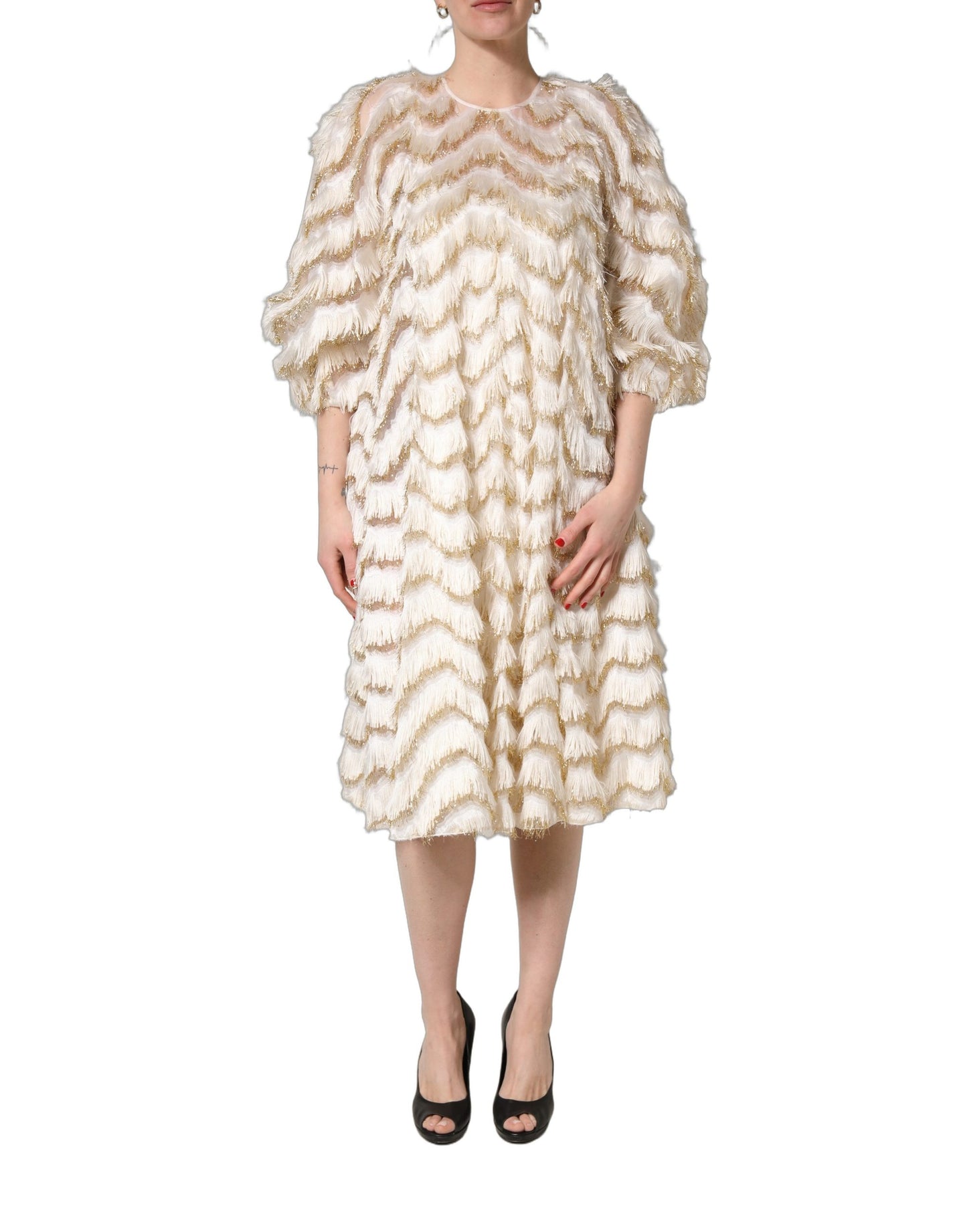 Peserico Ivory Fringe Layered Shift Midi Dress