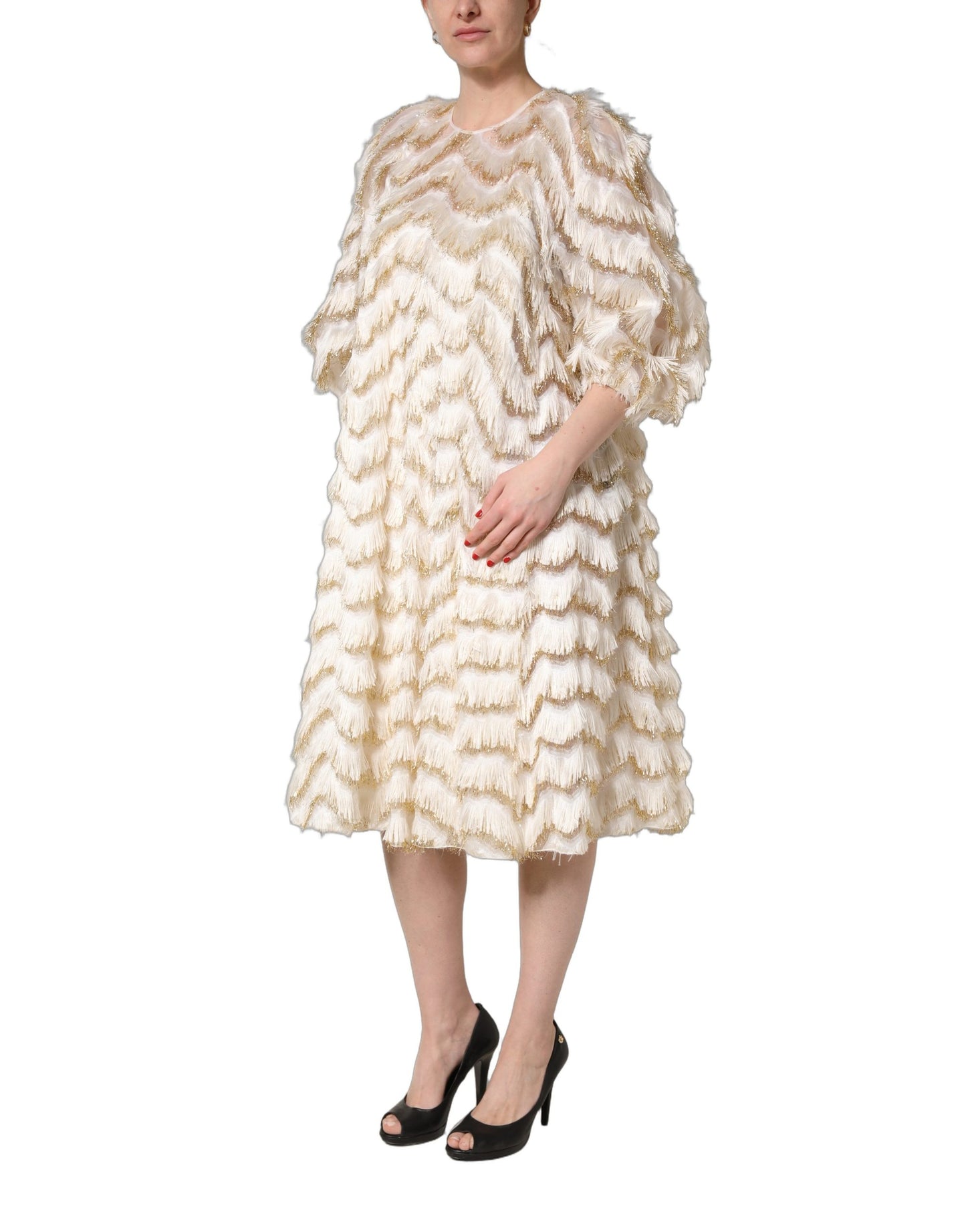 Peserico Ivory Fringe Layered Shift Midi Dress