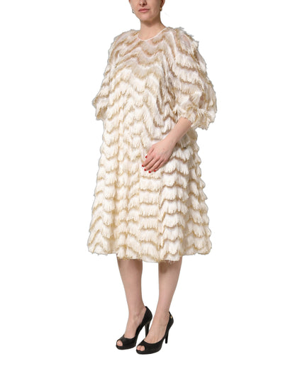 Peserico Ivory Fringe Layered Shift Midi Dress