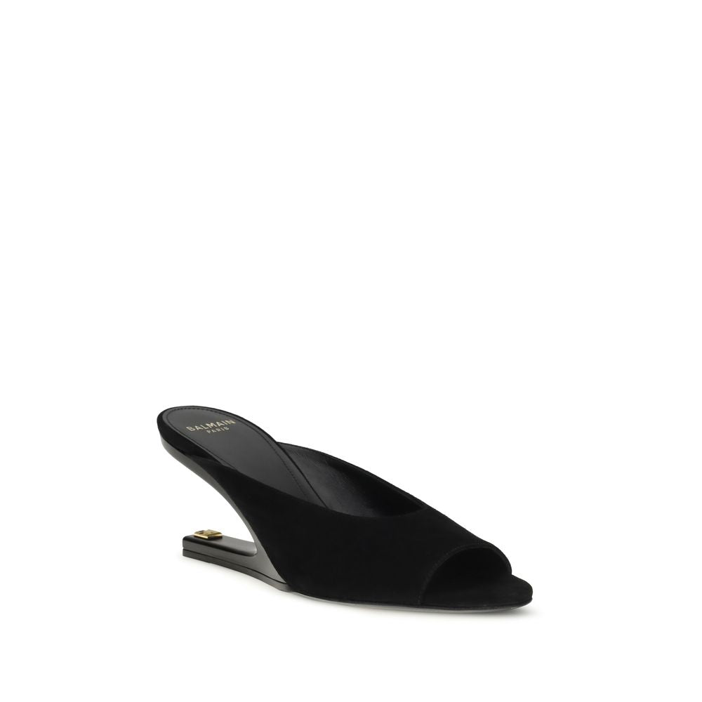Balmain Women's Bos Taurus Calf Suede Leather Mules Flat Shoes - Black