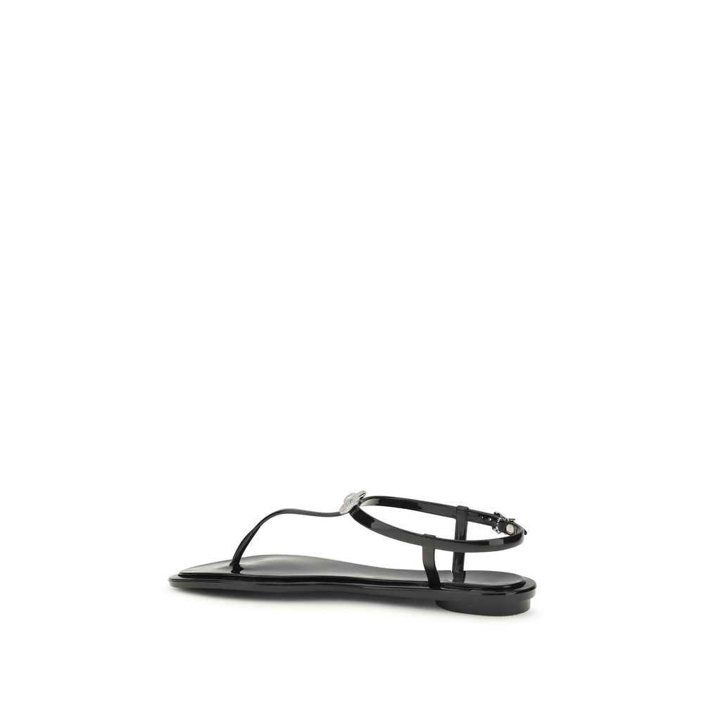 Flat Ankle Strap Thong Sandals by MACH & MACH for women in crystal & rubber black & signature features an exquisite silhouette, showcasing the exquisite Women's Crystal & Rubber Flat Ankle Strap Thong Sandals with a flat and .