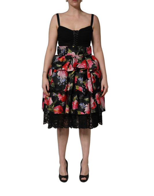 Dolce & Gabbana Aria Women's Wrap Corset Bustier Cocktail Sleeveless Stretch Cotton Nylon & Silk Mini Dress - Black Rose Patterned Floral Print
