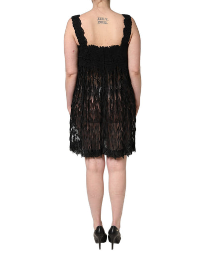 Dolce & Gabbana Black Viscose Fringed Sleeveless Mini Dress