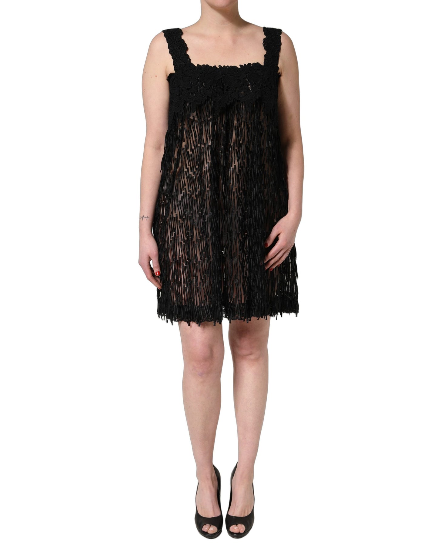 Dolce & Gabbana Black Viscose Fringed Sleeveless Mini Dress