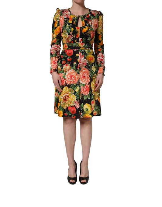 Dress by Dolce & Gabbana for women in viscose black, multicolor, patterned, floral & print showcases a striking silhouette, elegantly detailed with a long-sleeve, refined wrap keyhole neckline, and a striking midi mini for a striking finish.