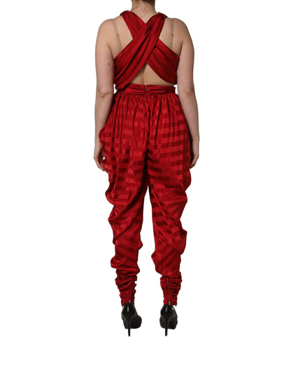 Dolce & Gabbana Red Plunging HalterNeck Draped Jumpsuit Dress