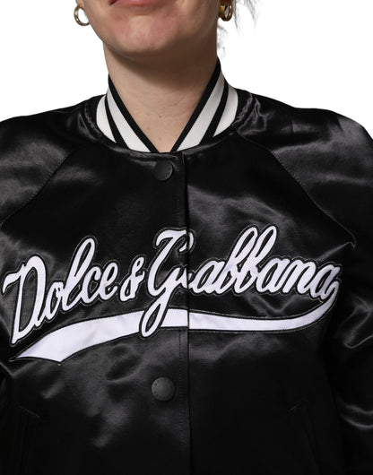 Dolce & Gabbana Black Satin Floral Embroidery Bomber Jacket