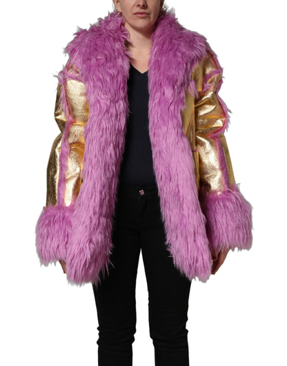 Dolce & Gabbana Pink Plush Faux Fur Gold Leather Coat Jacket