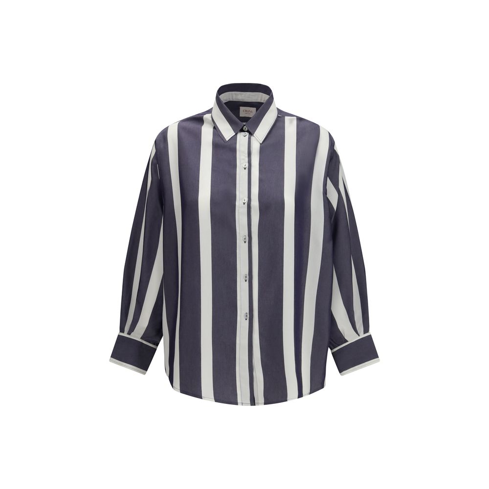 Shirt by Cruna for women in viscose blue, patterned & striped features an architectural silhouette with a refined long-sleeve and elegant for a architectural look.