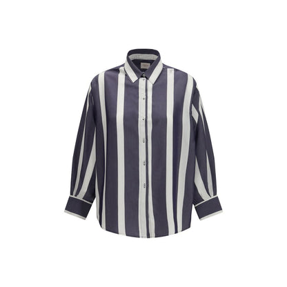 Shirt by Cruna for women in viscose blue, patterned & striped features an architectural silhouette with a refined long-sleeve and elegant for a architectural look.