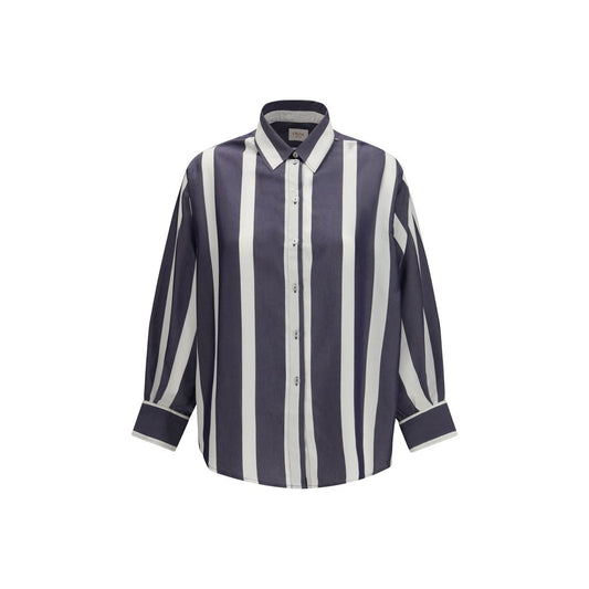 Shirt by Cruna for women in viscose blue, patterned & striped features an architectural silhouette with a refined long-sleeve and elegant for a architectural look.
