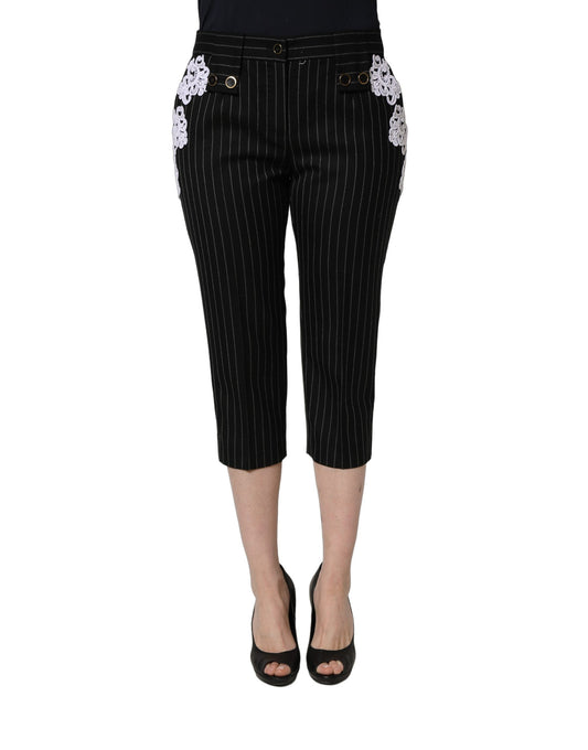 Dolce & Gabbana Women's Cropped Lace Polyester & Wool Trousers - Black White Pinstripe