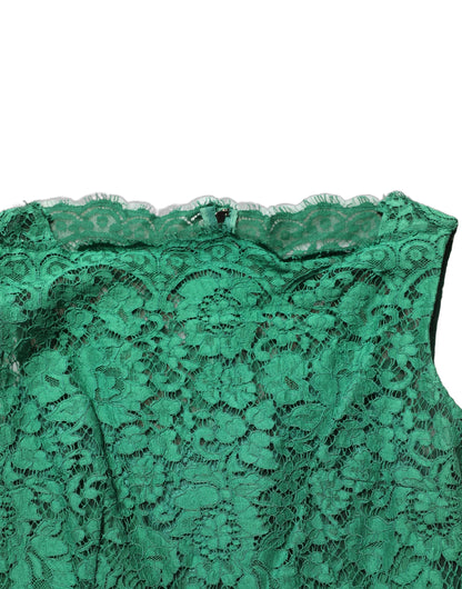 Dolce & Gabbana Green Floral Lace Cotton Sleeveless Midi Dress