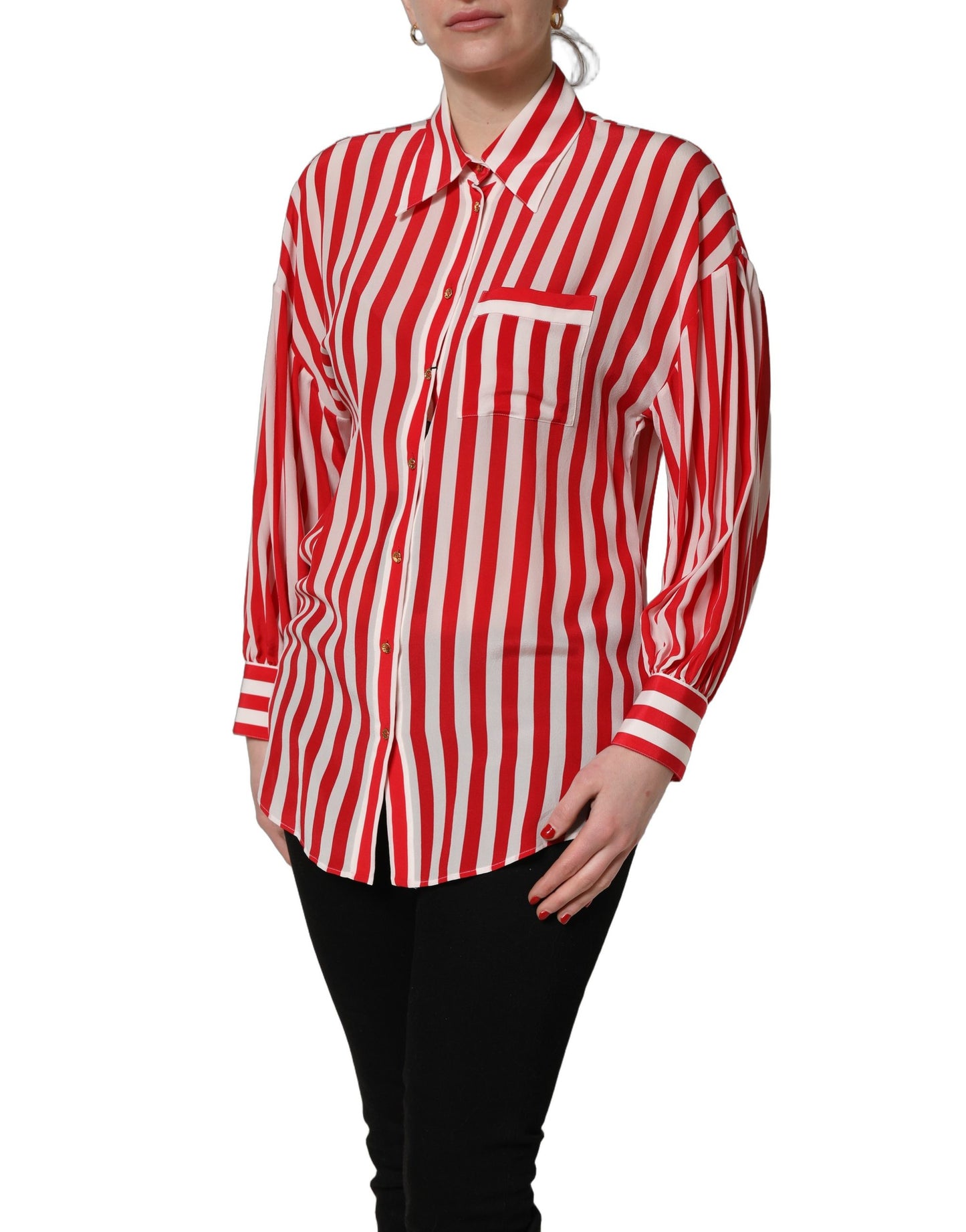 Dolce & Gabbana Red White Striped Long Sleeve Silk Blouse Top