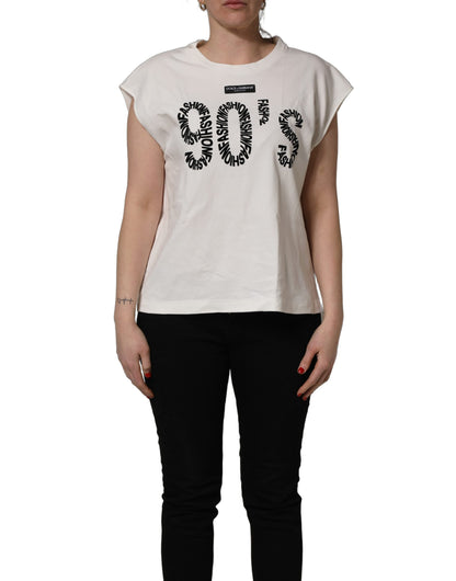 Dolce & Gabbana White Cotton Graphic Sleeveless Tank Top