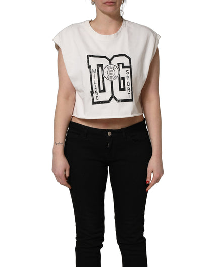 Dolce & Gabbana White Cotton DG Logo Print Cropped Jersey Top