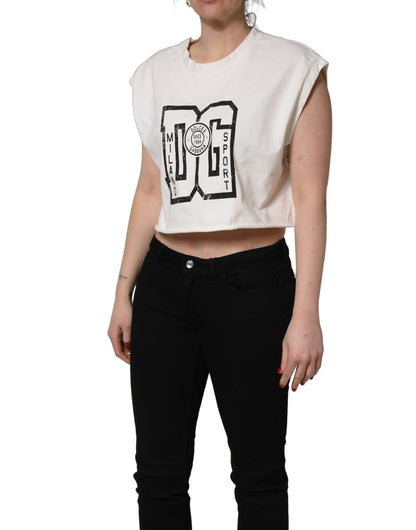 Dolce & Gabbana White Cotton DG Logo Print Cropped Jersey Top