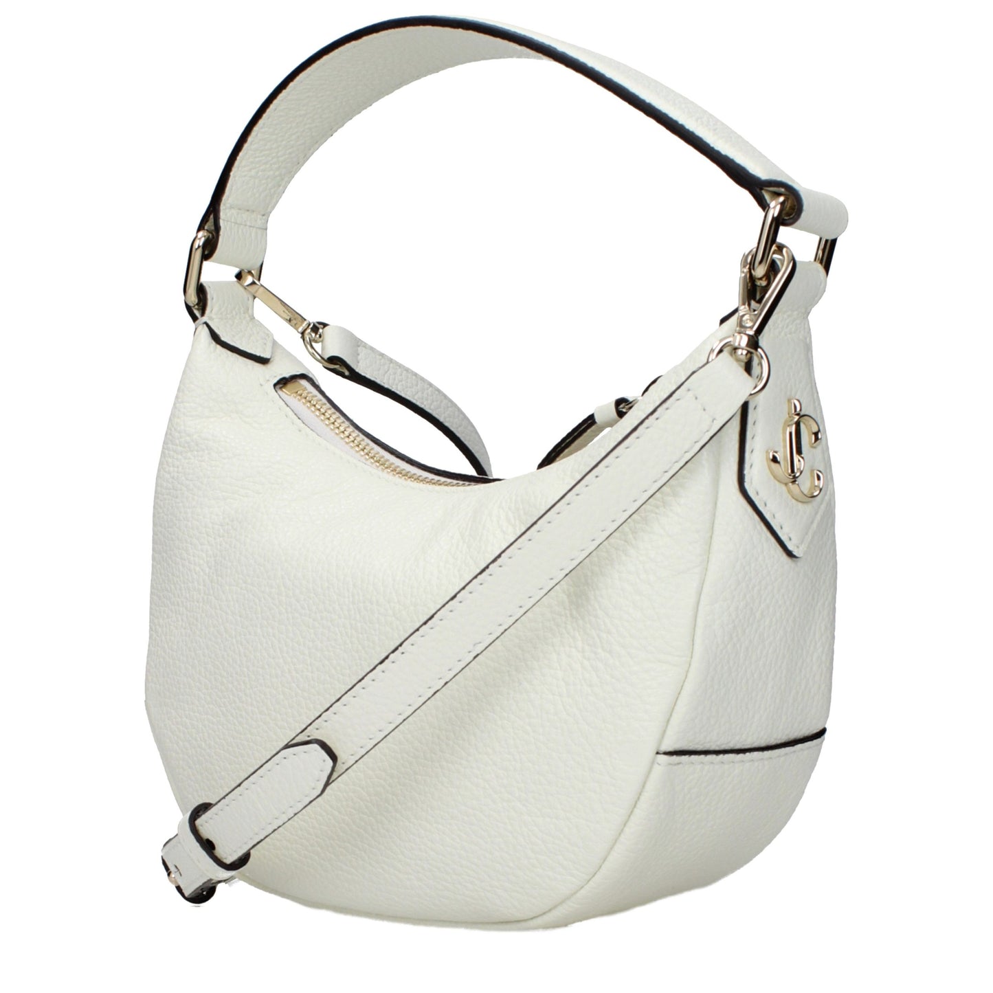 Handbag by Jimmy Choo for women in leather beige features a signature silhouette, showcasing a secure and signature with versatile adjustable-strap for a sophisticated look.