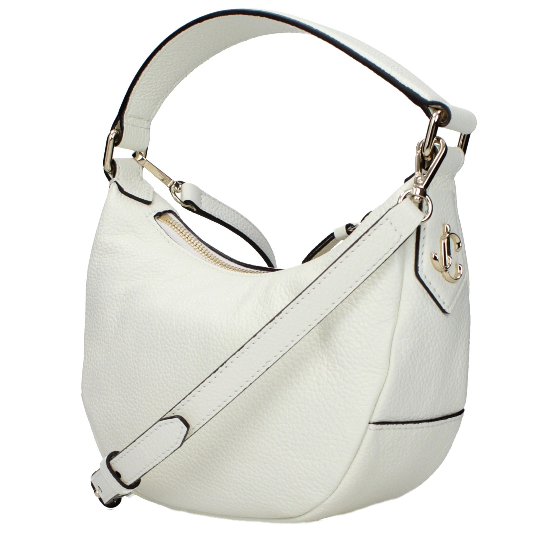 Handbag by Jimmy Choo for women in leather beige features a signature silhouette, showcasing a secure and signature with versatile adjustable-strap for a sophisticated look.