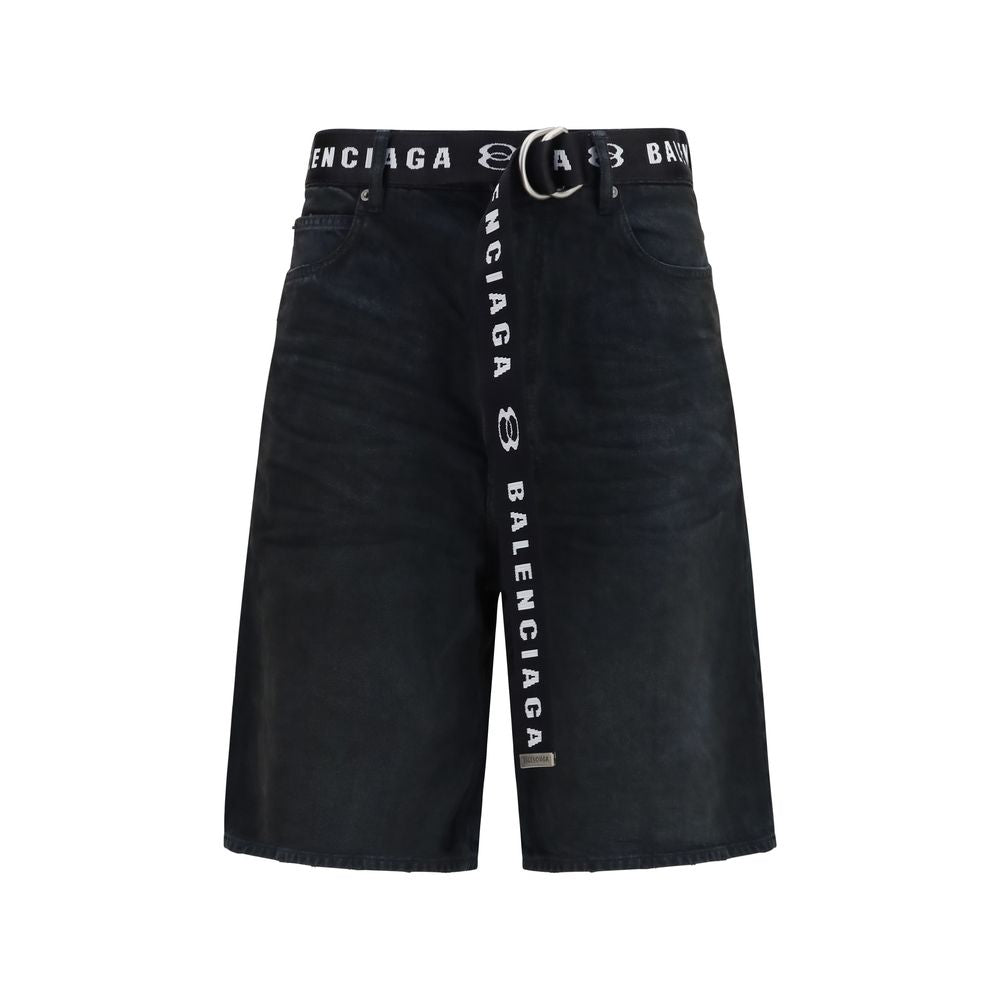 Denim Shorts by Balenciaga for men in denim cotton black & signature presents a contemporary silhouette, featuring a contemporary regular-fit and short with a contemporary mid rise for a sophisticated summer look.