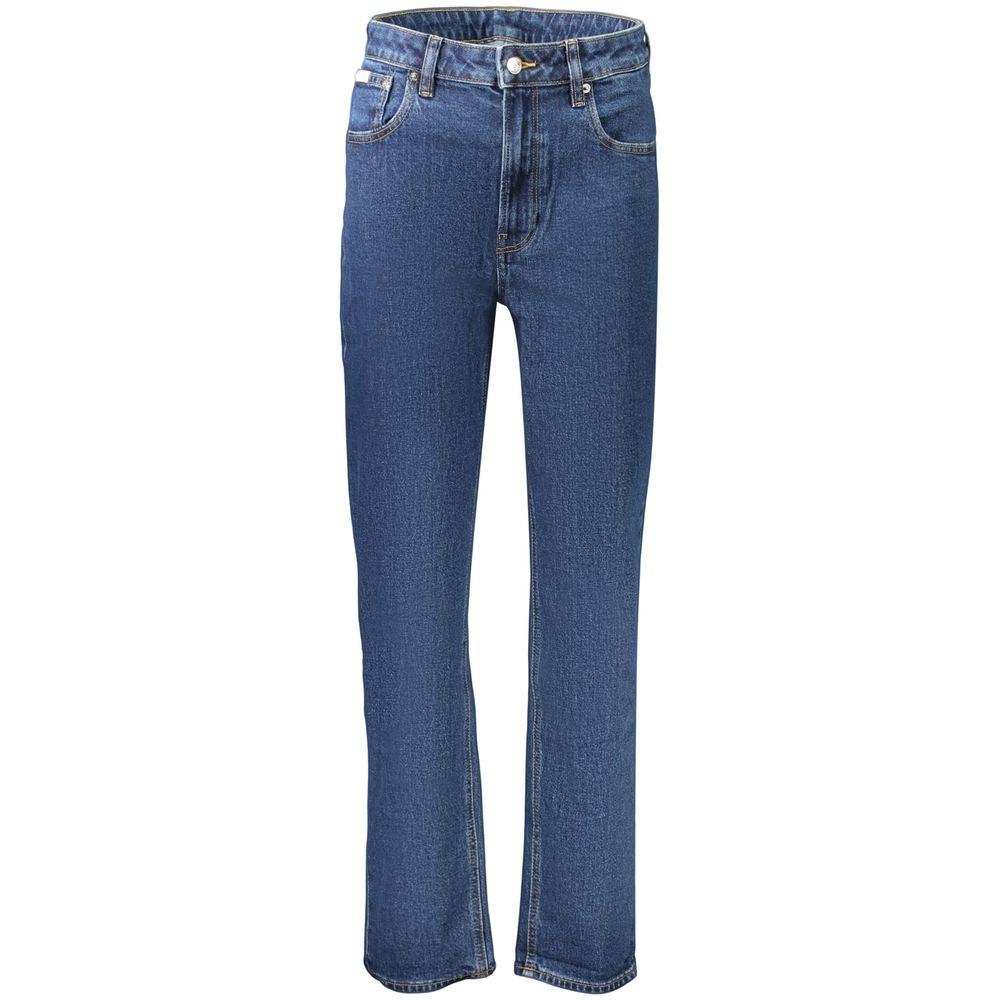Jeans by Calvin Klein for women in stretch denim cotton blue features a polished silhouette with a polished straight-leg, reaching a polished long and finished with a polished .