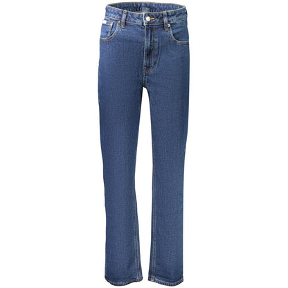Jeans by Calvin Klein for women in stretch denim cotton blue features a polished silhouette with a polished straight-leg, reaching a polished long and finished with a polished .