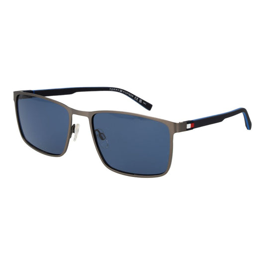 Sunglasses by Tommy Hilfiger for men in gray features an lustrous rectangle full-rim frame design with gunmetal coloured frame detailing and non-polarized category-3-dark-tint lens for a lustrous aesthetic.