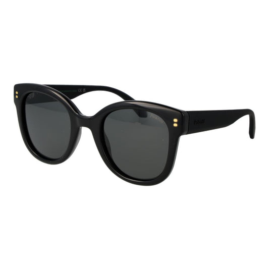 Sunglasses by Polaroid for women in polycarbonate black showcases a ethereal silhouette, featuring black coloured frame full-rim round frame design with polarized category-3-dark-tint lens for a ethereal finish.