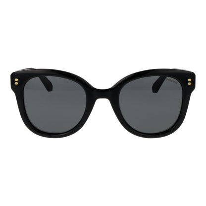 Sunglasses by Polaroid for women in polycarbonate black features an ethereal full-rim round frame design with black coloured frame frames and polarized category-3-dark-tint lens for a ethereal finish.