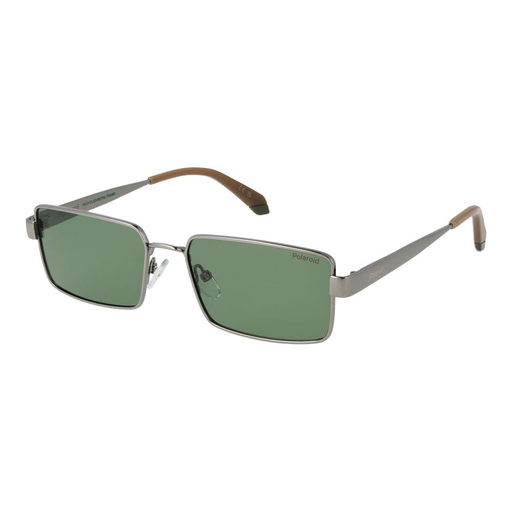 Sunglasses by Polaroid for men in polycarbonate gray features an lustrous rectangle full-rim frame design with gunmetal coloured frame detailing and polarized category-2-medium-tint lens for a lustrous aesthetic.