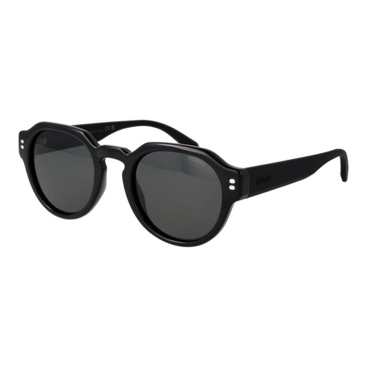 Sunglasses by Polaroid for men in polycarbonate black features a sumptuous silhouette, showcasing a sumptuous full-rim round frame design in black coloured frame with high-performance polarized category-3-dark-tint lens.